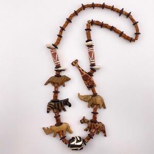 Hand Carved Wood African Safari Animals Beaded Necklace